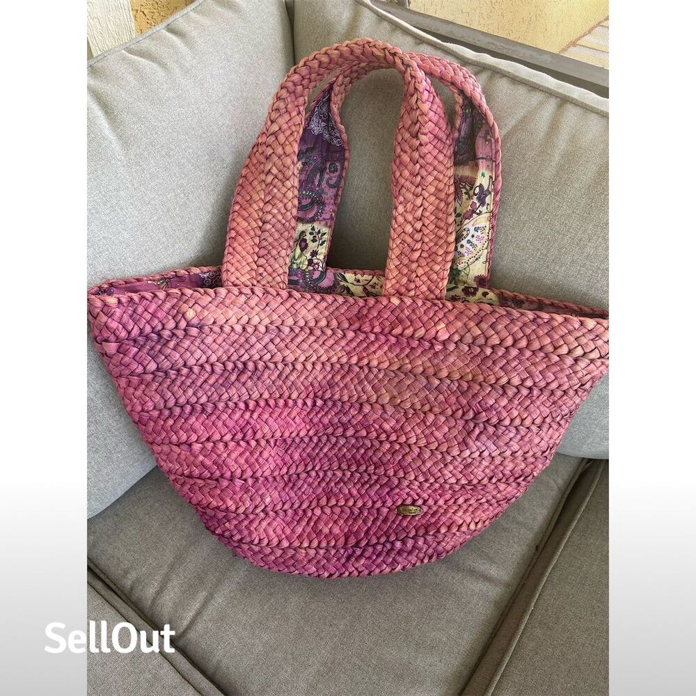 Cappelli Straworld Pink Woven Straw Tote Bag Floral Lining Women's
